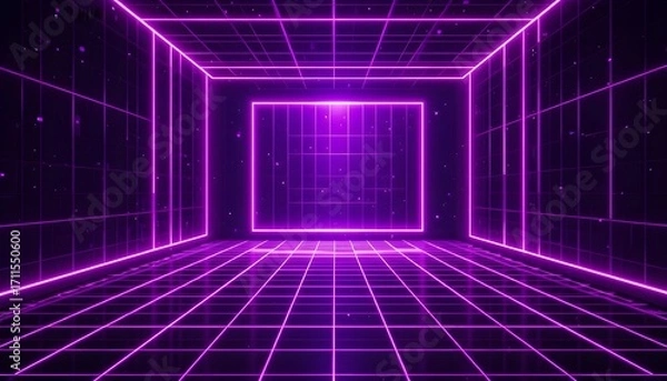 Fototapeta Synthwave Purple Mesh Glowing Background – Neon Geometric Grid Cyberpunk 80s Disco Retro Futuristic Abstract Vector Design