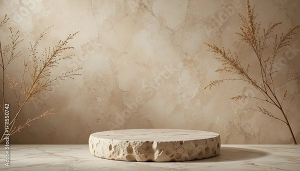 Fototapeta Natural Stone Podium with Dry Plant Branch on Beige Background – Minimalist Copy Space for Cosmetic Product Presentation