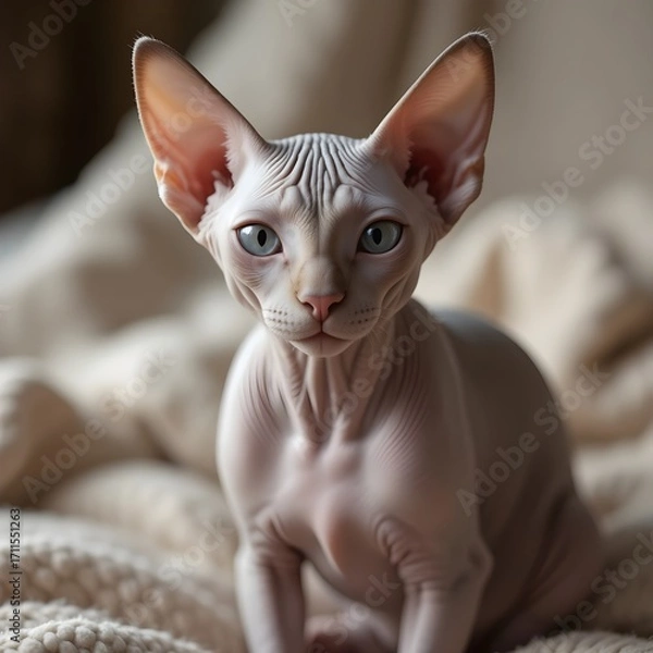 Fototapeta A realistic photo of a Canadian Sphynx cat, hairless skin texture, sitting on a soft blanket, natural light, professional style