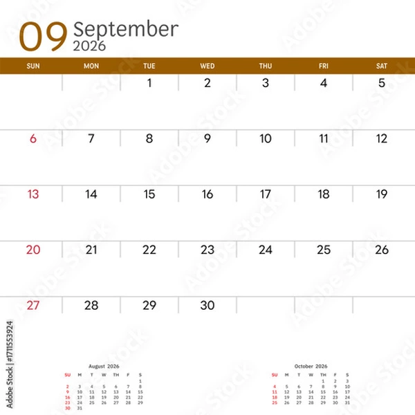 Fototapeta September 2026 Calendar. Week start on Sunday. Desk calendar 2026 design, simple and clean design, Wall calendar for print, digital calendar, Corporate design planner template vector.