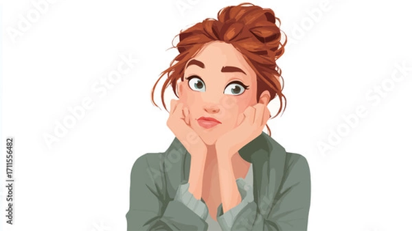 Fototapeta Close-up illustration of a young woman with reddish-brown hair styled in a messy bun. She has fair skin and is depicted with a pensive expression, her hands supporting her chin