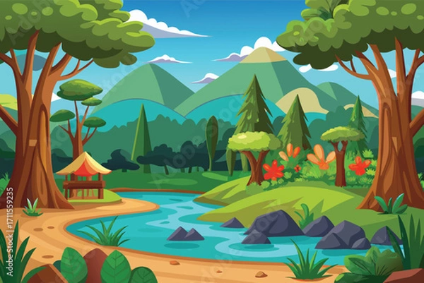 Fototapeta Serene riverbank scene surrounded by lush greenery under a bright blue sky in a tranquil landscape