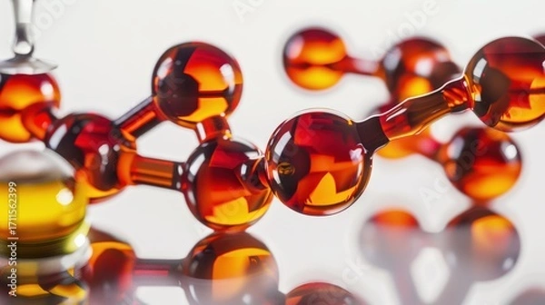 Fototapeta Molecular Model Structure of Chemical Compound with Red and Yellow Spheres on Reflective Surface