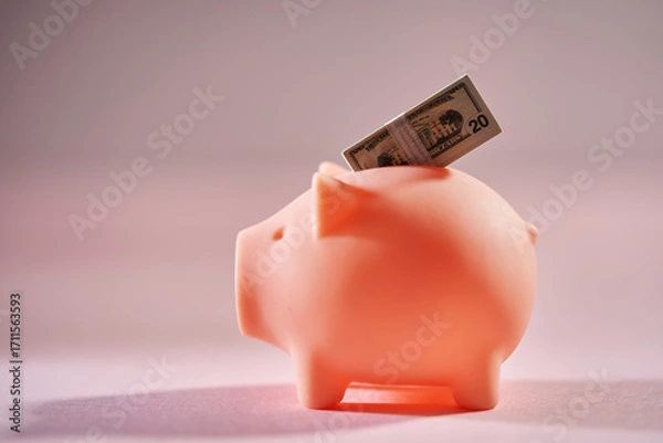 Fototapeta Pink Piggy bank Isolated on pink Background with stackof twenty dollar bil
