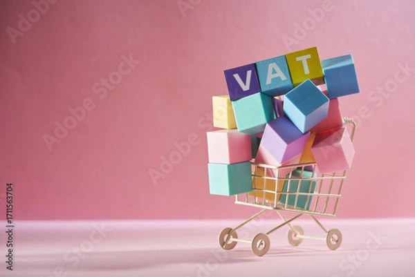 Fototapeta shopping cart and toy block with text VAT