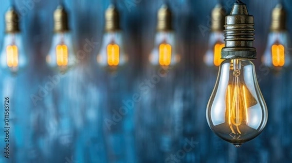Fototapeta Multiple Incandescent Light Bulbs with Warm Glow in Row in Dark Background
