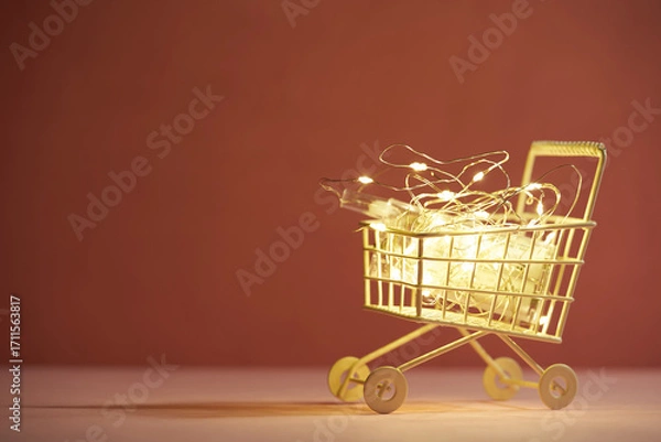 Fototapeta Shopping concept image with a shopping cart and Christmas led lights