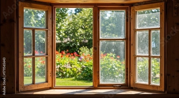 Fototapeta Sunlit Open Rustic Wooden Window Framing a Vibrant Summer Garden with Blooming Flowers and Lush Greenery.