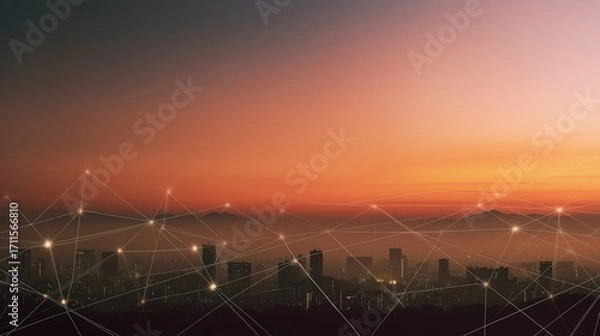 Fototapeta grid. Abstract city skyline with glowing connection lines, set against a gradient-lit atmospheric backdrop. real-estate listings.