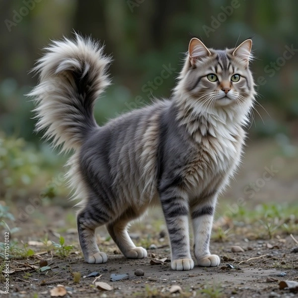 Fototapeta A realistic photo of a Kurilian Bobtail cat, strong body, fluffy tail, natural setting, ultra detailed