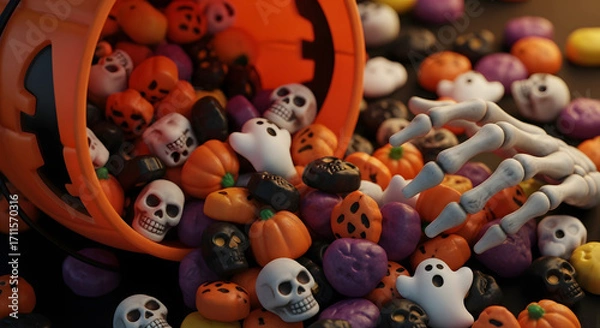 Fototapeta Spooky halloween candy overflowing from pumpkin bucket with skeleton hand