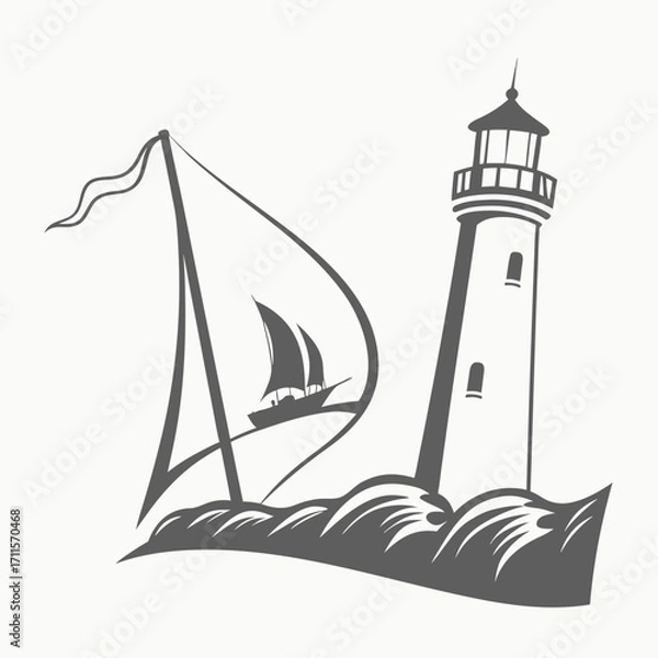 Fototapeta Stylized silhouette of a sailboat and lighthouse on choppy waves