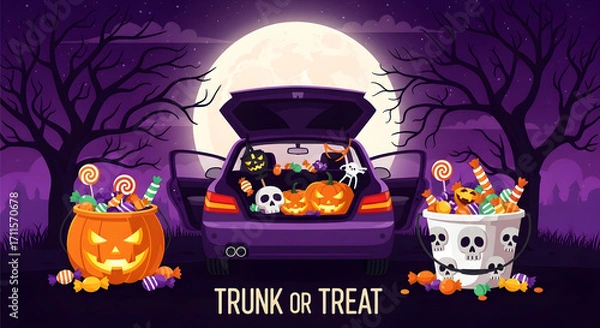 Fototapeta Spooky halloween trunk or treat scene with candy and pumpkins