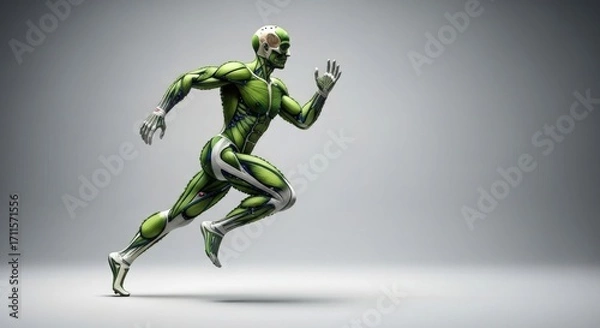 Fototapeta Muscular green humanoid figure in dynamic running pose
