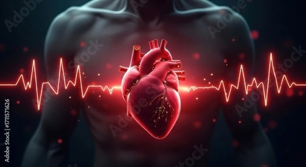 Fototapeta Anatomical heart pulsating with red light and heartbeat line