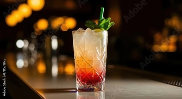 Fototapeta Refreshing layered cocktail with ice and garnish on a bar counter