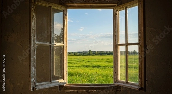 Fototapeta Weathered Window Frame Opens to a Bright, Vibrant Green Meadow Under a Clear Blue Sky