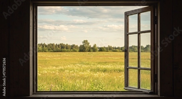 Fototapeta Sunlit summer meadow and distant forest viewed through an old, open wooden window frame.