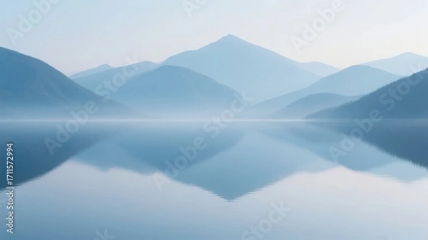 Fototapeta Calm mountain lake with misty peaks reflected in still water