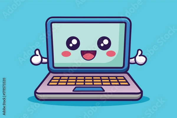 Fototapeta Cheerful cartoon laptop character showing thumbs up against a bright background