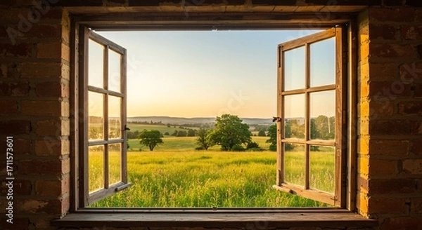 Fototapeta Peaceful golden hour view through an open window of a tranquil green summer landscape.