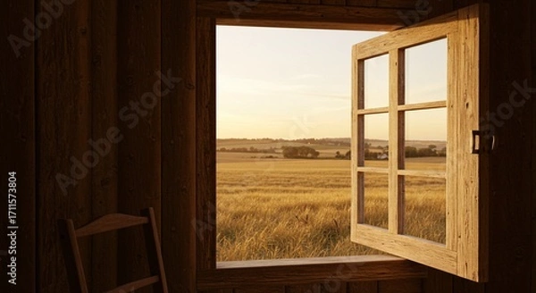 Fototapeta Tranquil rural landscape at golden hour, seen through an open rustic wooden window.
