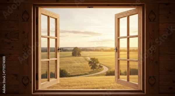 Fototapeta Inviting Open Wooden Window Reveals a Serene Countryside with Winding Path and Warm Sunlight
