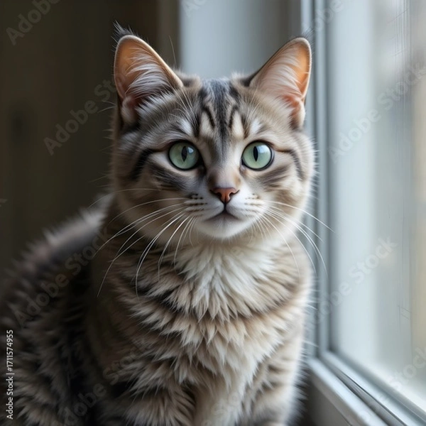 Fototapeta A realistic photo of an Australian Mist cat, spotted coat, big round eyes, sitting near a window, soft natural lighting