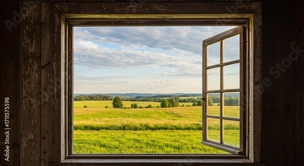 Fototapeta Open Rustic Window Frames Serene Summer Landscape with Green Fields, Distant Hills, Blue Sky