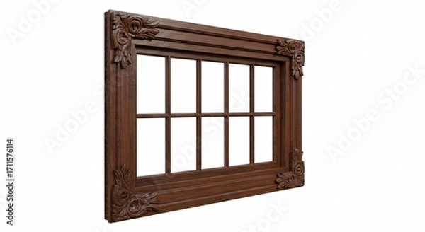Fototapeta Elegant Dark Brown Wooden Window Frame with Ornate Carvings and Grid Isolated on White Background