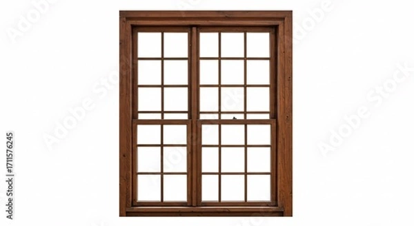 Fototapeta Classic Wooden Double-Hung Window with Detailed Grids, Isolated on a Pure White Background for Architectural Design