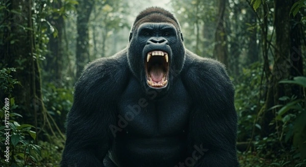 Fototapeta Powerful Silverback Gorilla Roaring with Open Mouth and Sharp Teeth in Lush Tropical Jungle