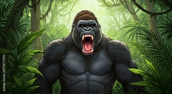 Fototapeta Powerful Silverback Gorilla Roaring with Open Mouth in Lush Vibrant Jungle Rainforest