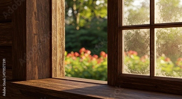 Fototapeta Warm golden sunlight streams through a rustic wooden window overlooking a vibrant garden with red flowers.