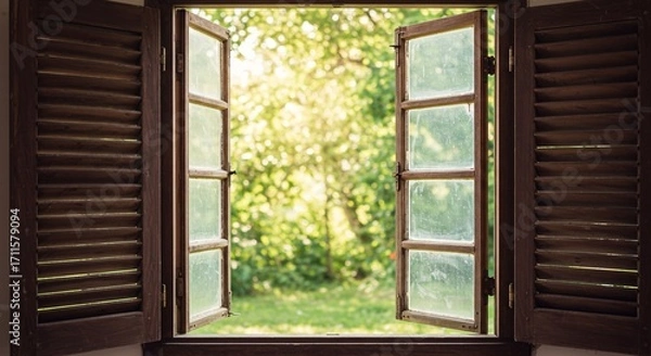 Fototapeta Bright Summer Day Light Streaming Through an Open Window to a Lush Green Garden