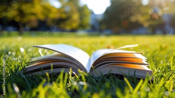 Fototapeta Open Book on Green Grass in Sunny Park Scene