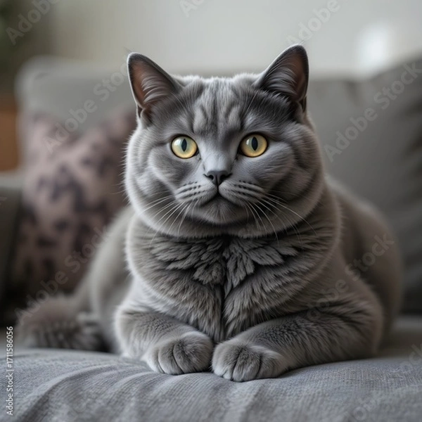 Fototapeta A realistic photo of a British Shorthair cat, round face, dense grey fur, sitting calmly on a sofa, ultra realistic