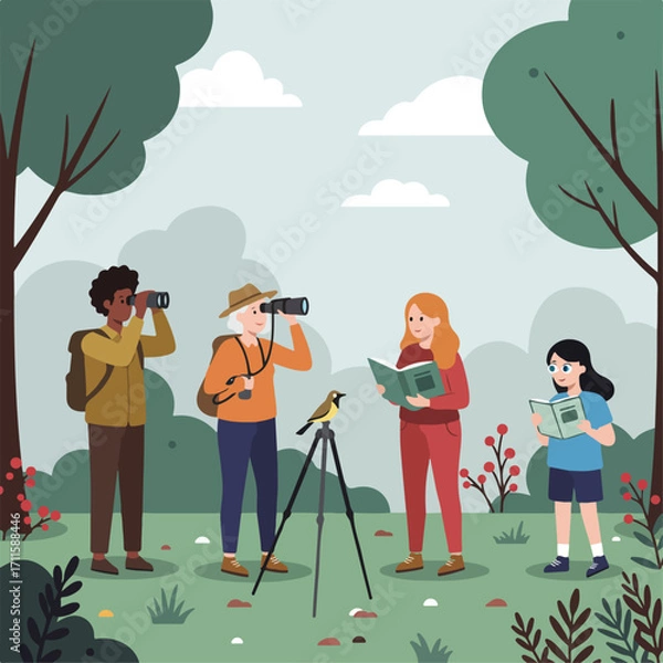 Fototapeta People birdwatching and reading together in a forest scene with trees, flowers, and foliage