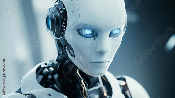 Fototapeta Futuristic White Humanoid Robot with Artificial Intelligence and Blue Eyes