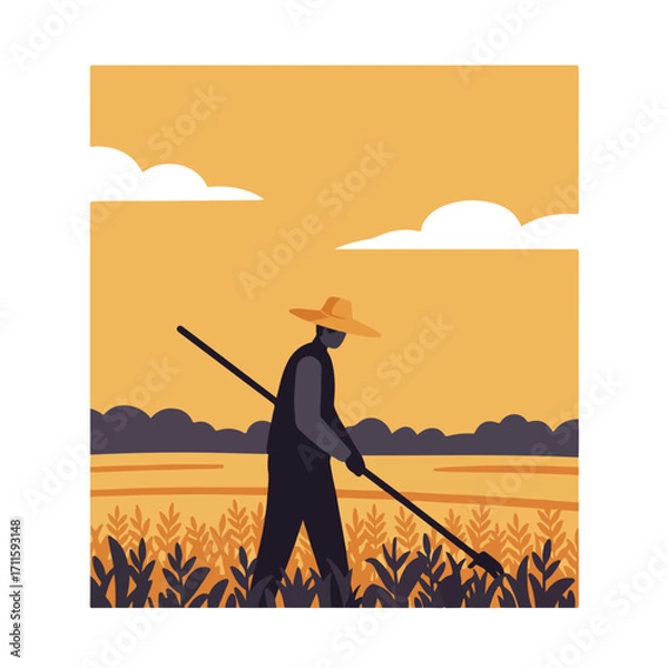 Fototapeta Stylized illustration of a farmer working in a field under a warm sky with soft clouds