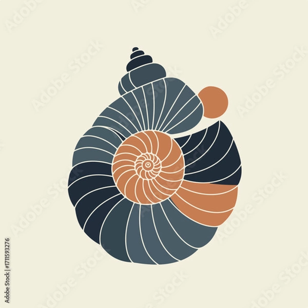 Fototapeta Stylized sea shell, in concentric shapes of blue and orange, on an off-white backdrop