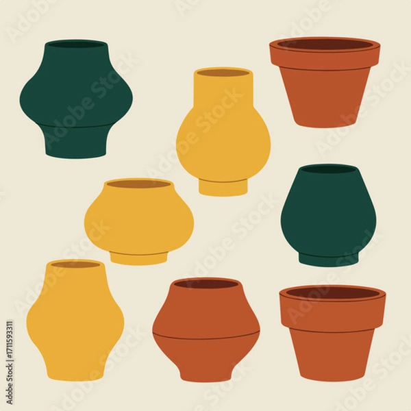 Fototapeta Assortment of eight vases and pots in green, yellow, and brown hues on a beige backdrop