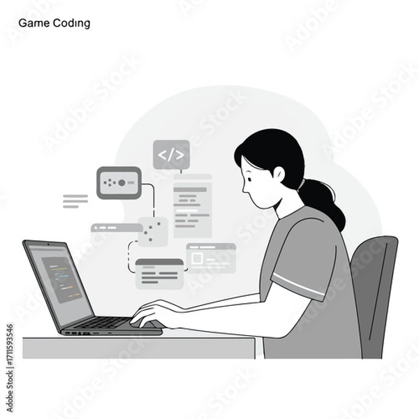 Fototapeta Woman is programming; Laptop displays code, floating windows with code details are nearby
