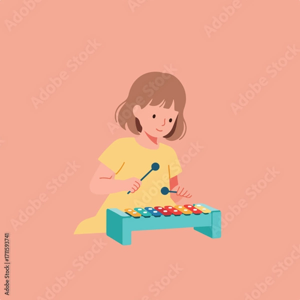 Fototapeta Girl playing a colorful xylophone with mallets on a peach background, cartoon vector style