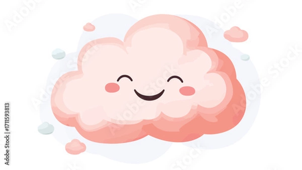 Fototapeta A digital illustration of a cartoon cloud character. The cloud is light pink with a soft, fluffy texture. It has a large, simple smiling face with rosy cheeks. The background is a light blue with