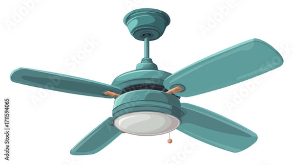 Fototapeta A digital illustration of a teal ceiling fan with a light kit. The fan has four blades and a dome-shaped light fixture in the center. The fan is depicted against a white background and appears to