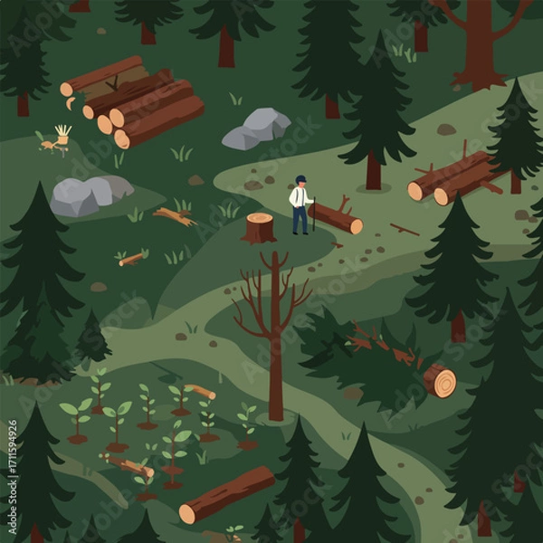 Fototapeta Isometric illustration of deforestation and reforestation in dense, dark green forest