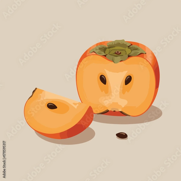 Fototapeta Two-tone illustrated cut persimmon fruit with seed, slice and shadow on a neutral background