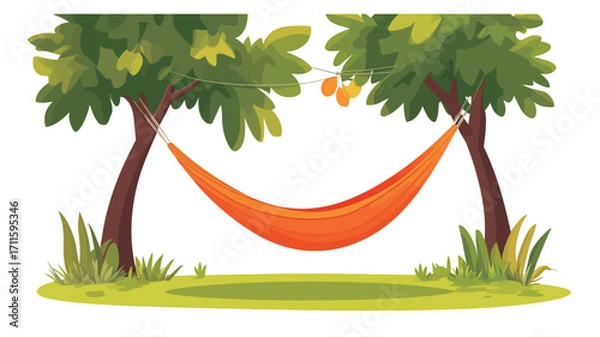 Fototapeta A digital illustration depicting an orange hammock strung between two lush green trees. The trees have full green foliage.  A small patch of green grass is visible at the base of the trees.