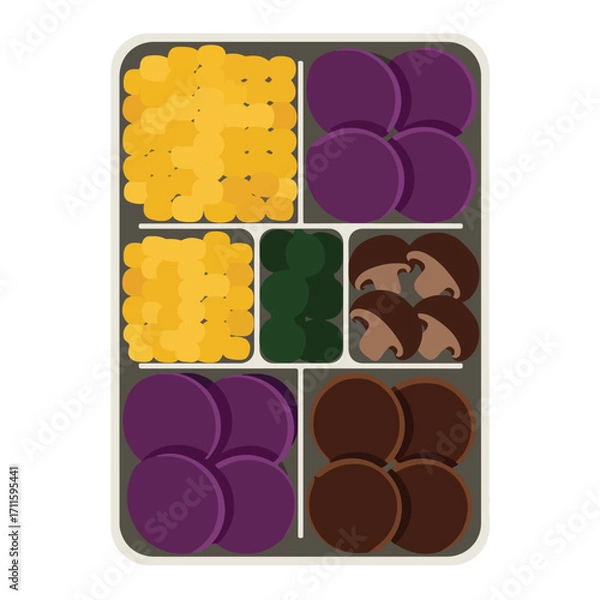 Fototapeta Bento box with corn, purple potatoes, green vegetables, and mushrooms in separate sections